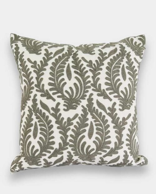 Bold Leaf Embroidered Cushion - Grey & White