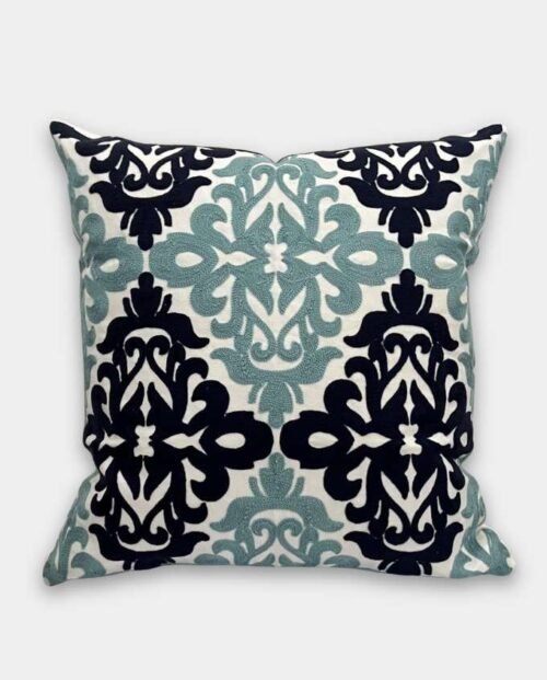 Regal Damask Embroidered Cushion - Navy & Dusty Blue