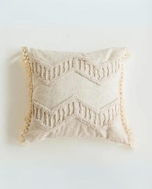 Boho Chevron Fringe Cushion - Natural Beige