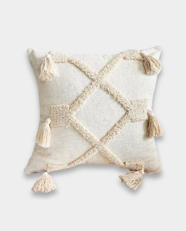 Boho Diamond Tassel Cushion - Natural Beige
