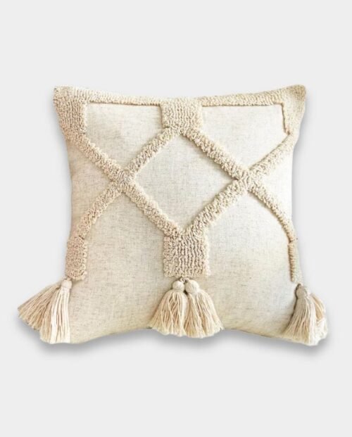 Boho Geometric Tassel Cushion - Ivory Beige