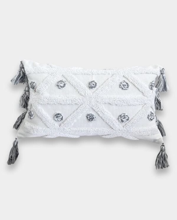 Geometric Tassel Tufted Cushion - White & Grey - Rectangular Geometric Tassel Tufted Cushion - Rectangular