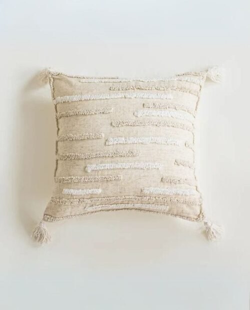 Textured Striped Tassel Cushion - Beige Linen